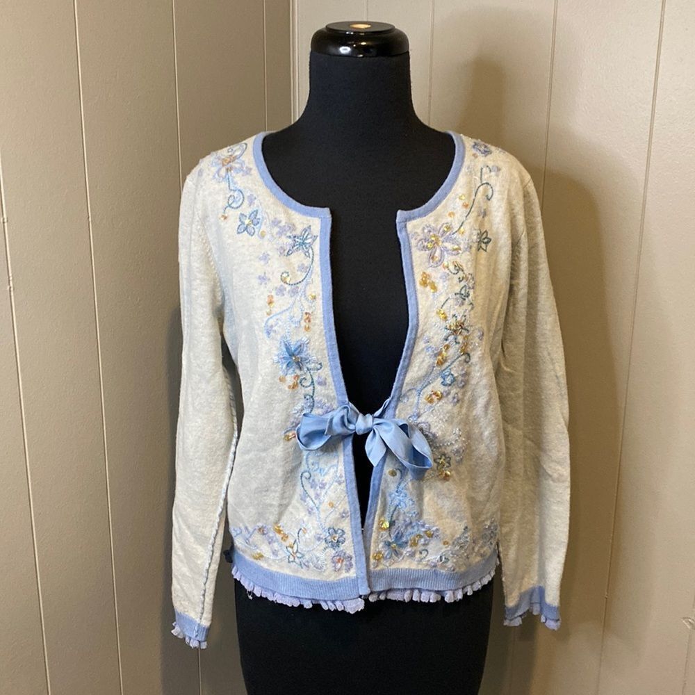 J Jill re Women’s Small Petite Wool Embroidered Sequined Satin Tie Cardigan